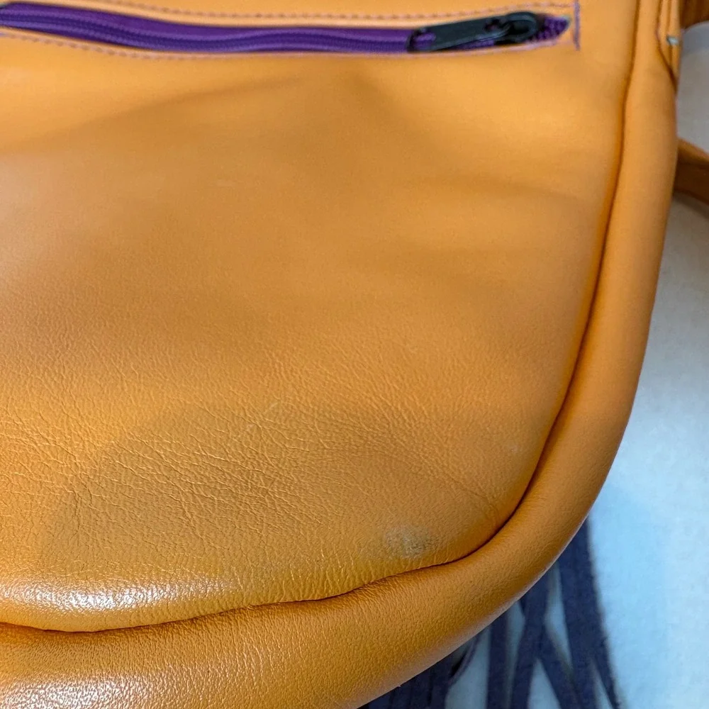 Vintage Boho Orange Leather Purple Fringe Crossbody Bag Village Tannery NYC